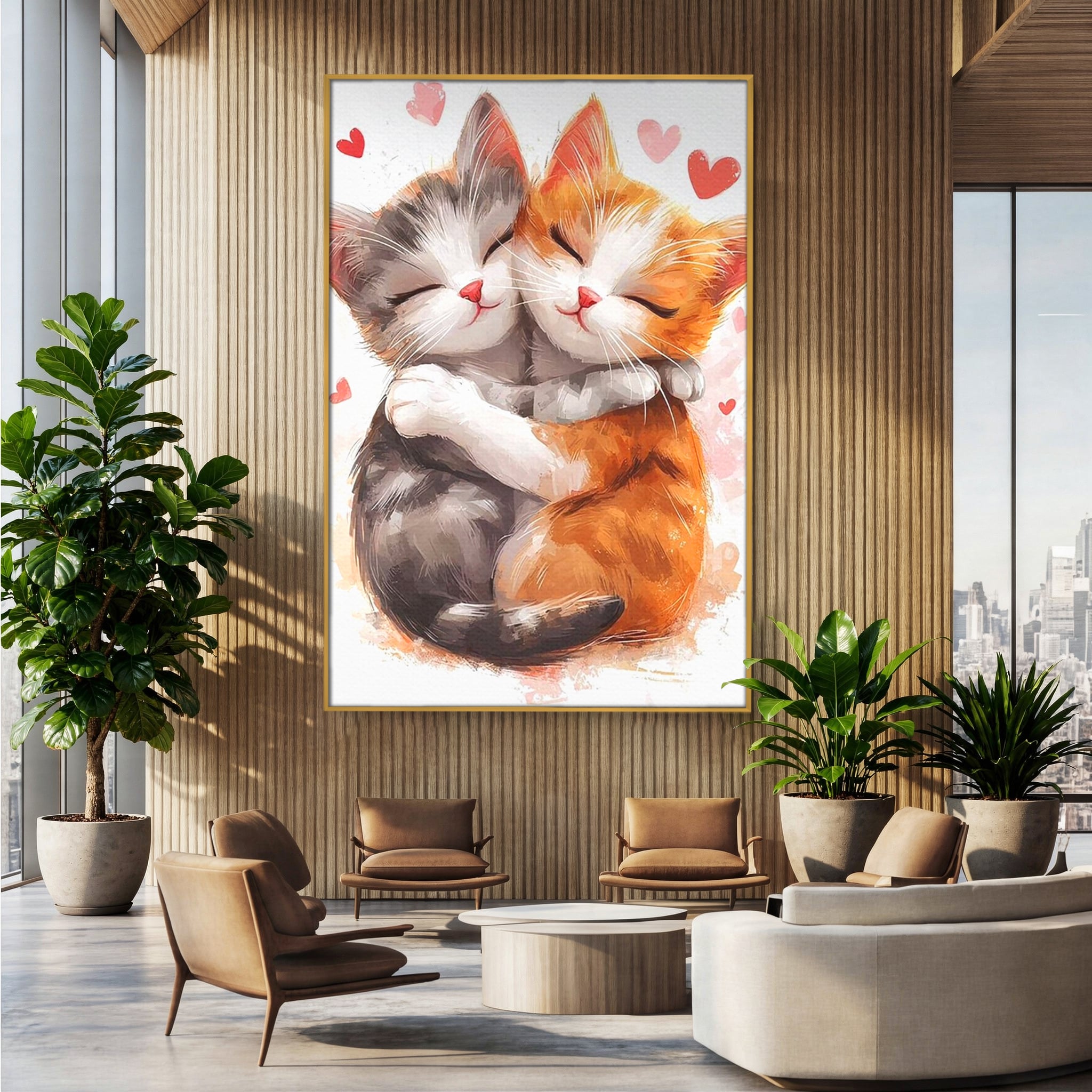 Tablou canvas cu doua pisicute care se imbratiseaza, in rama de aluminiu auriu, pe perete intr-un birou